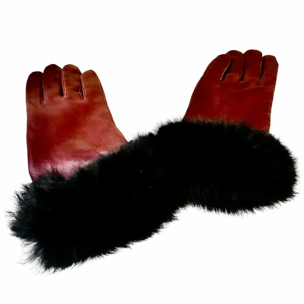 Vintage Leather Gloves Oxblood Brown Acrylic Lining Fur Cuffs Womens Large New